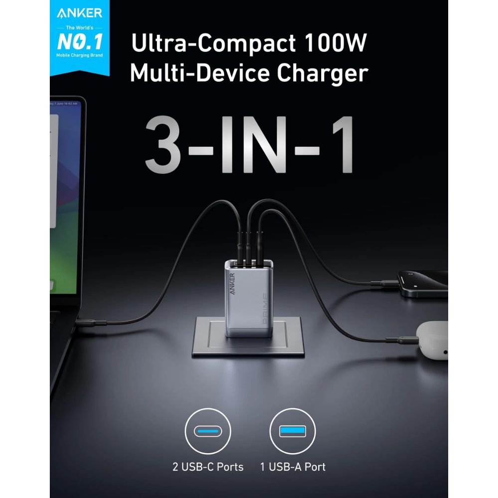 Anker Prime Charger (100W, 3 Ports, GaN) - Silver, Wall Charger, - Outdoor Kuwait