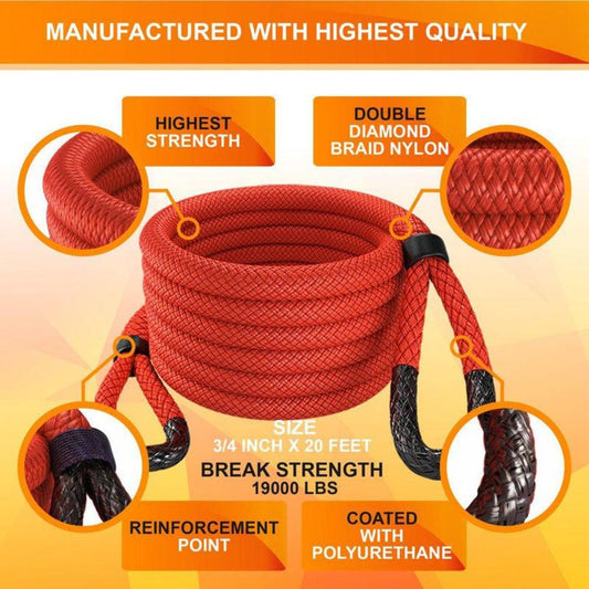 Miolle Kinetic Recovery & Tow Rope Set - 3/4 inch x 20 feet, Recovery Ropes,    - Outdoor Kuwait