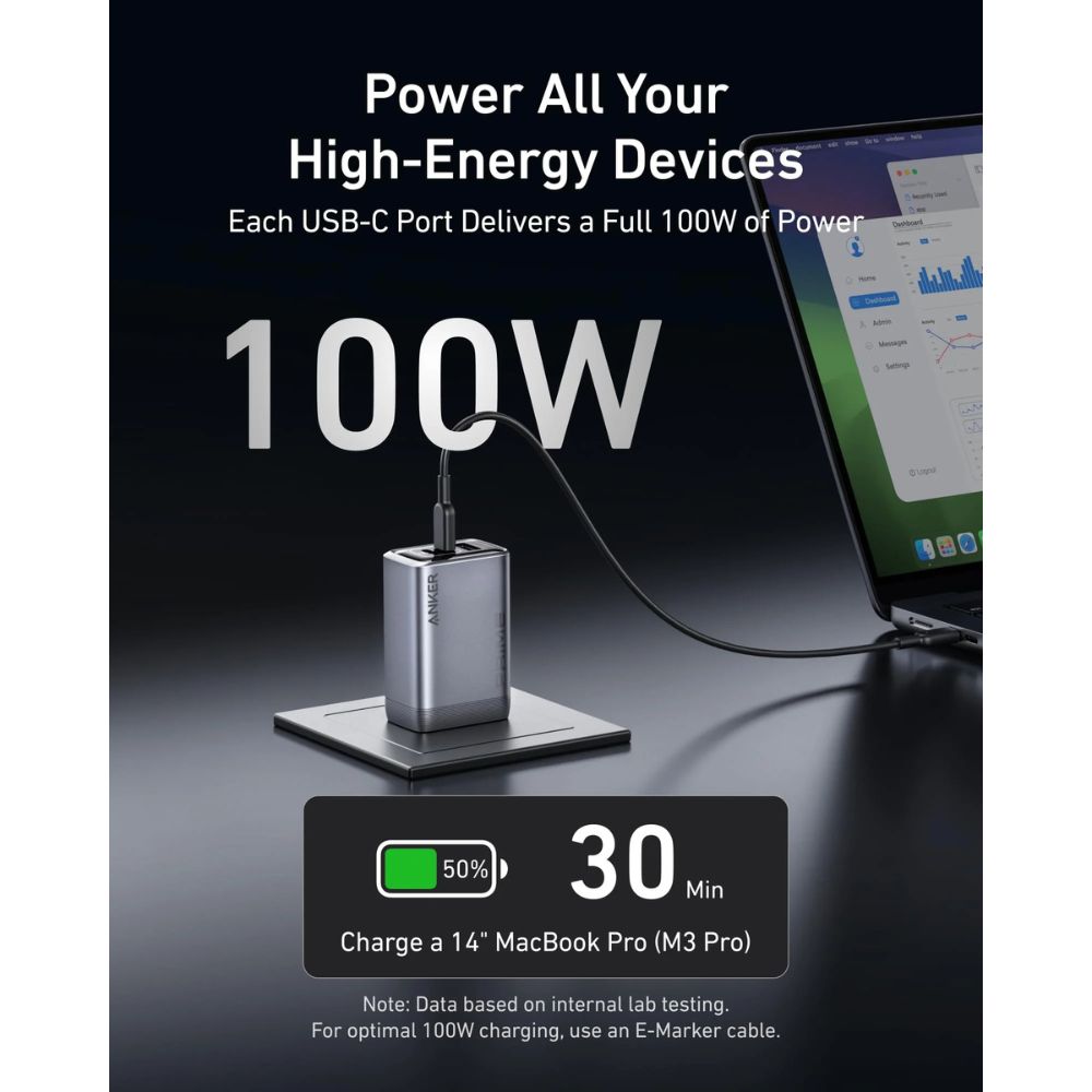 Anker Prime Charger (100W, 3 Ports, GaN) - Silver, Wall Charger, - Outdoor Kuwait