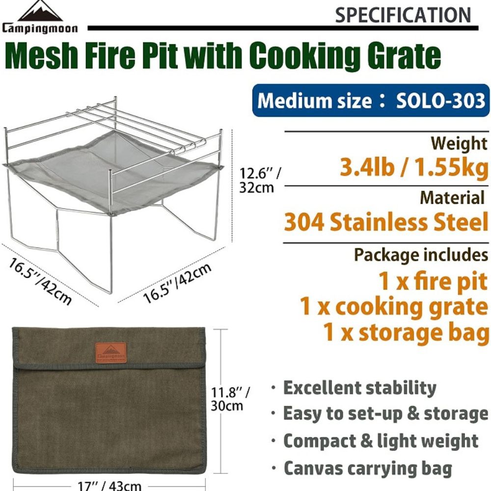 Campingmoon SOLO-303 Mesh Fire Pit with Cooking Grate, Firepit,    - Outdoor Kuwait