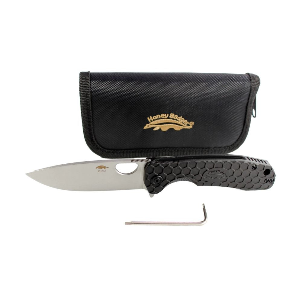 Honey Badger Flipper Stonewashed D2 Lrg Blk W/Zipper Pouch, Knives, - Outdoor Kuwait