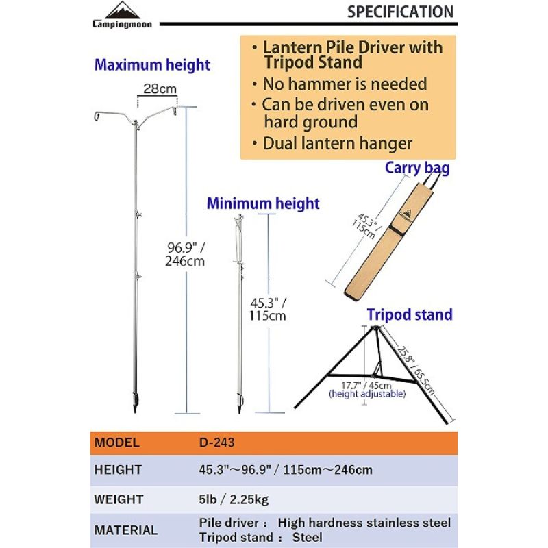 Campingmoon Double Hook Camp Lamp Post with Tripod, Camping Lights & Lanterns,    - Outdoor Kuwait