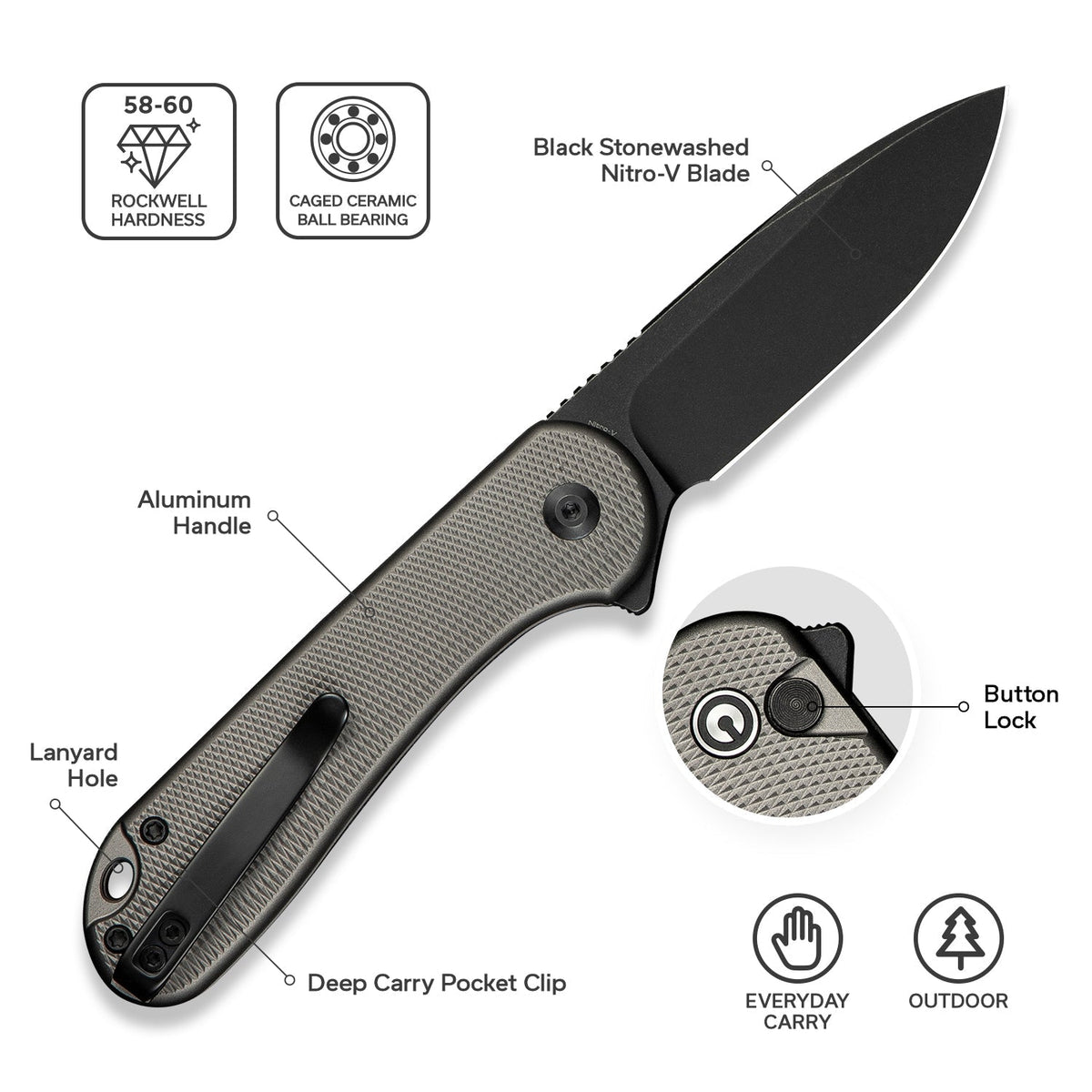 CIVIVI Button Lock Elementum II Aluminum Pocket Knife C18062PD-1