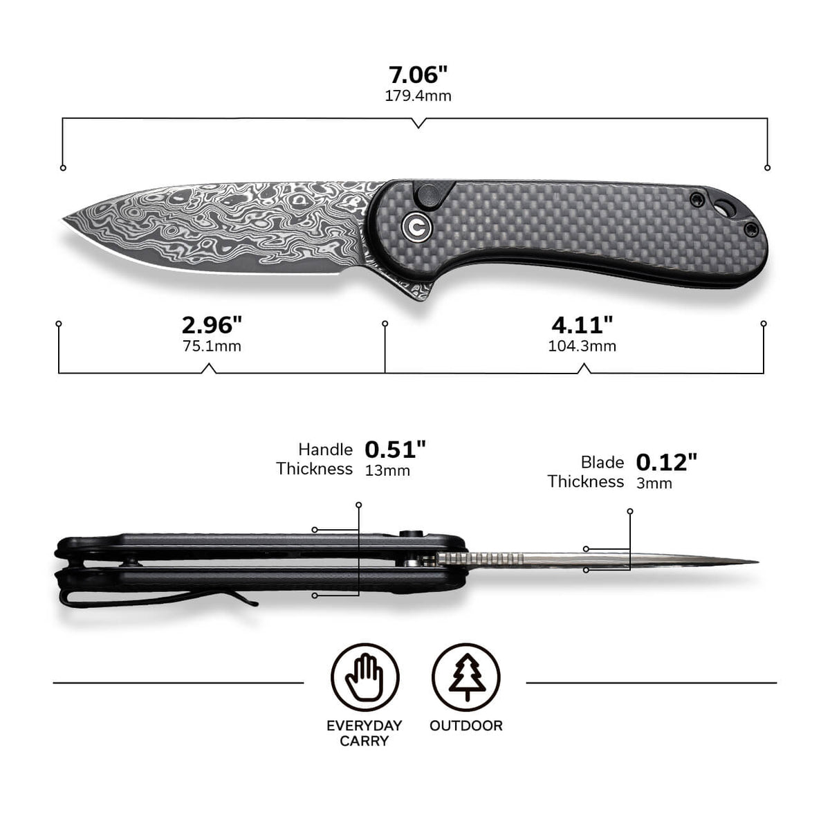 CIVIVI Button Lock Elementum II Carbon Fiber Pocket Knife C18062PB-DS1