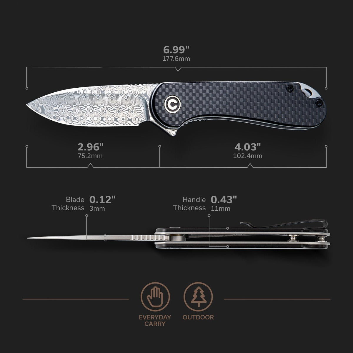 CIVIVI Elementum Damascus Carbon Fiber Pocket Knife C907DS, Knives, - Outdoor Kuwait