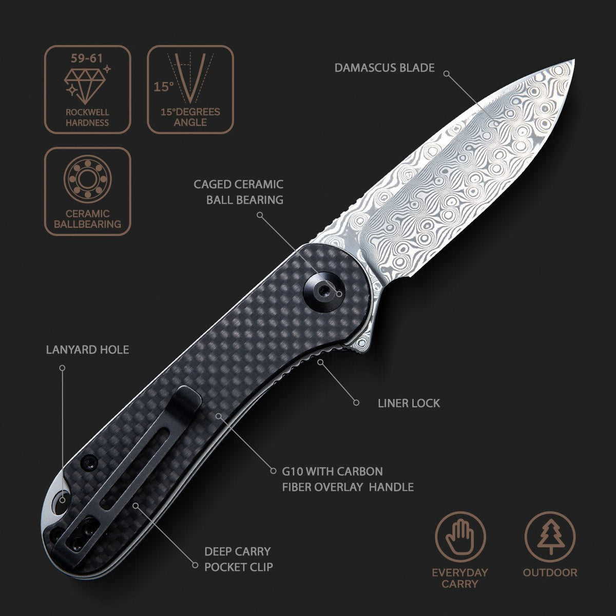 CIVIVI Elementum Damascus Carbon Fiber Pocket Knife C907DS, Knives, - Outdoor Kuwait
