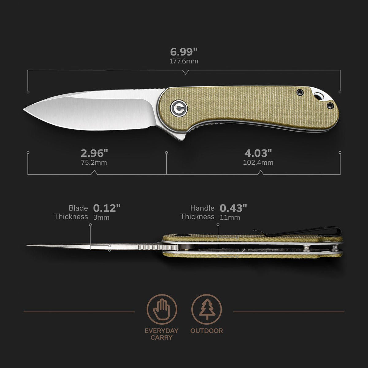 CIVIVI Elementum Olive Micarta Pocket Knife C907S, Knives, - Outdoor Kuwait