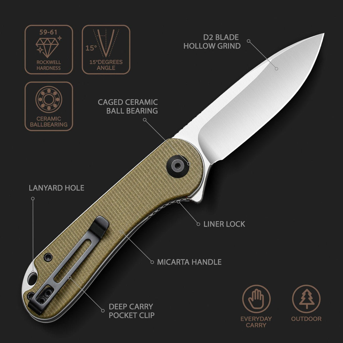 CIVIVI Elementum Olive Micarta Pocket Knife C907S, Knives, - Outdoor Kuwait