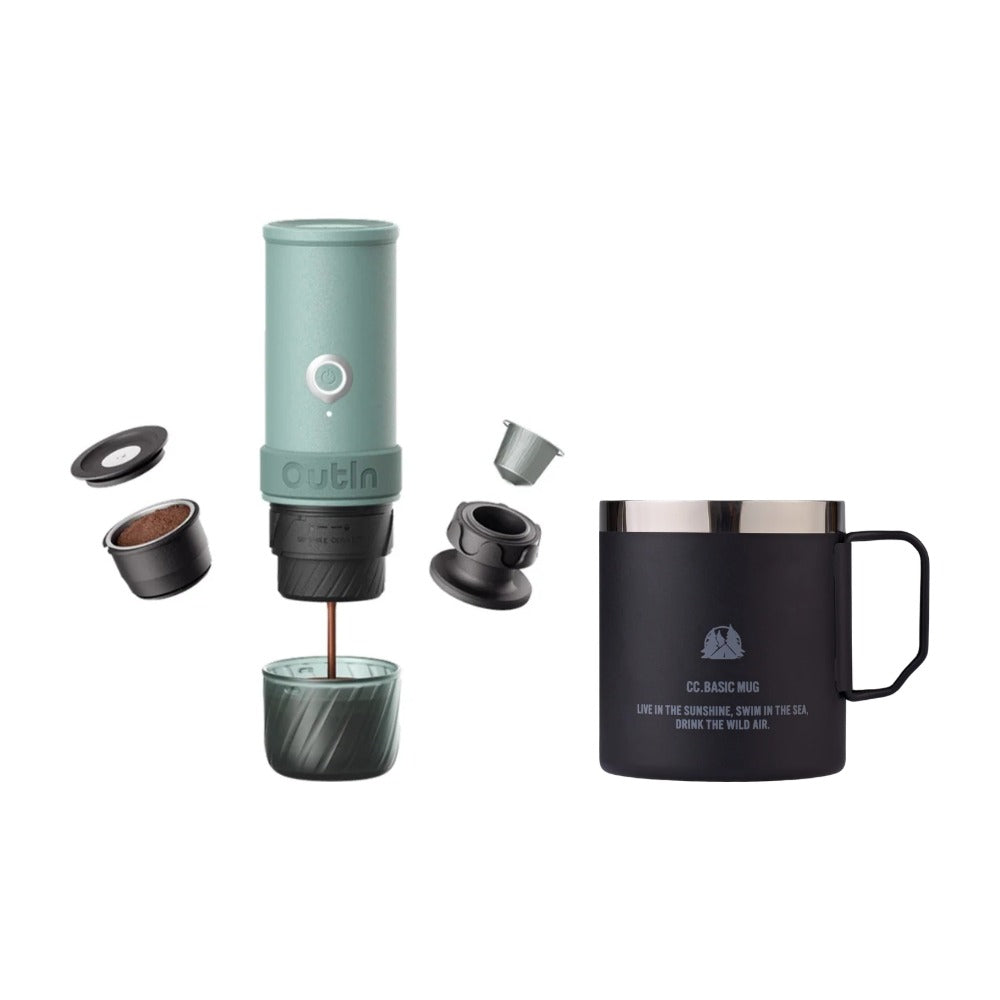 OutIn Mino Espresso Machine Canyon Green + Black 450ml Mug Bundle, Outdoor Bundles, - Outdoor Kuwait