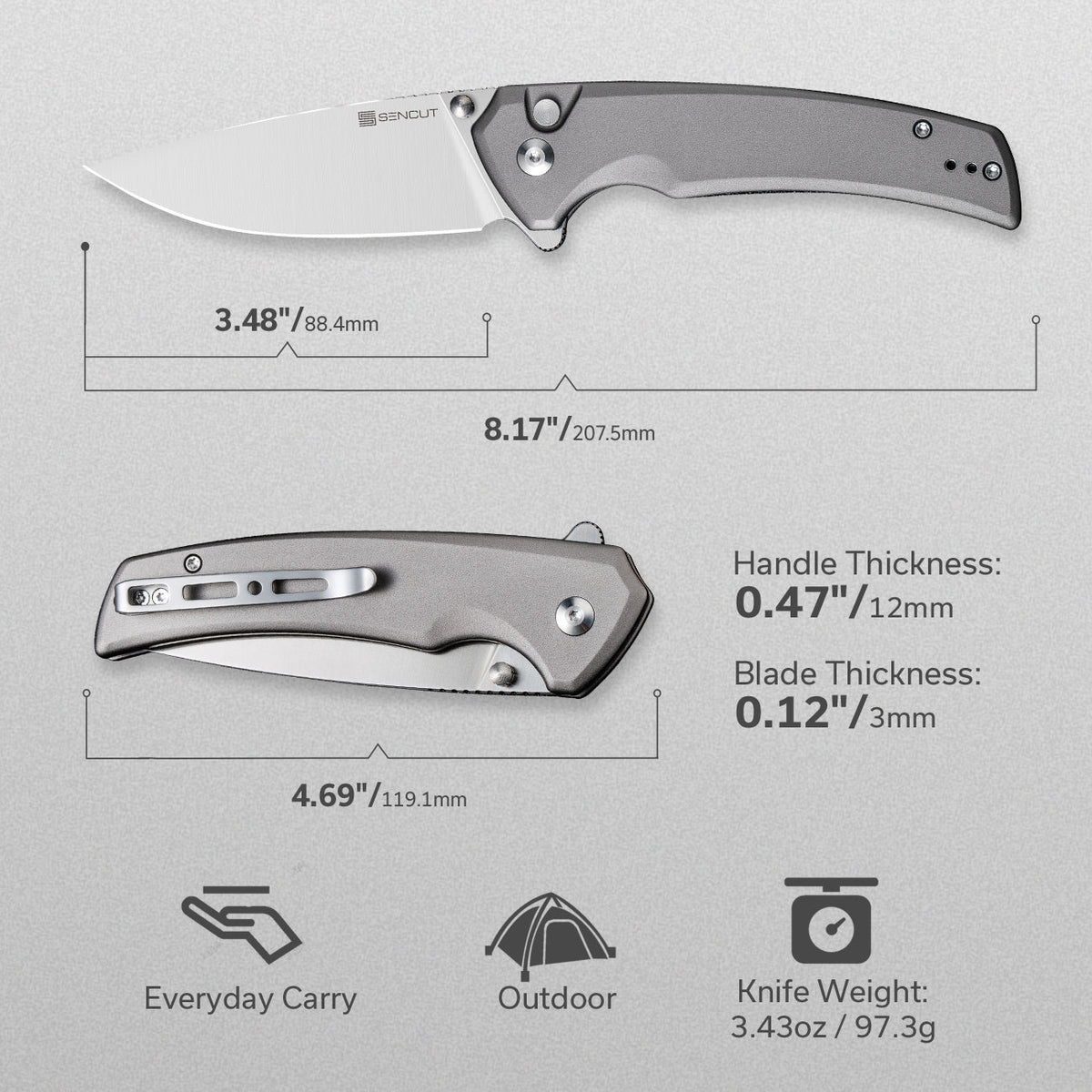 SENCUT Serene Gray Aluminum Pocket Knife S21022B-3, Knives, - Outdoor Kuwait