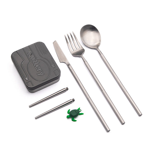 Outlery Full Set - Raw Silver, Reusable Cutlery,    - Outdoor Kuwait