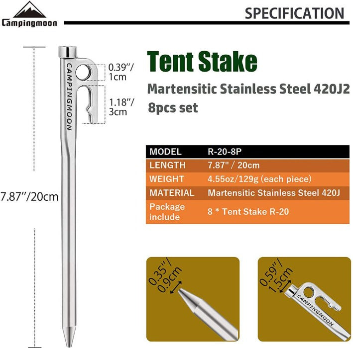 Campingmoon 8 Pieces Nail Pegs Stainless Steel - 30 cm, Tent Accessories,    - Outdoor Kuwait